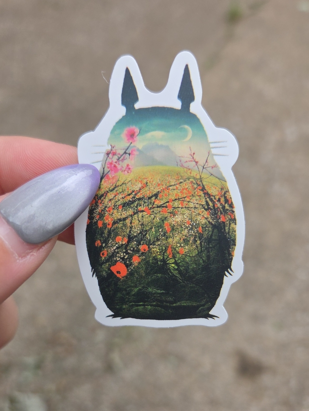 Whimsical Flora Cat-Shaped Vinyl Sticker — Green & Orange Totoro